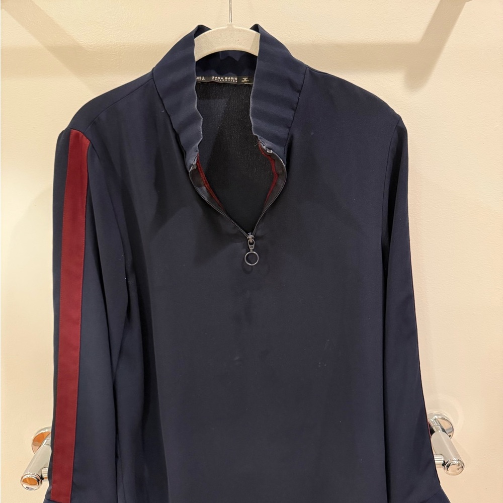 Zara Navy Blouse with Burgundy Sporty Stripes